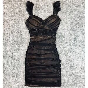 Windsor Ruched Mesh Bodycon Dress Womens XS Black Lace Corset Mini Edgy Romantic